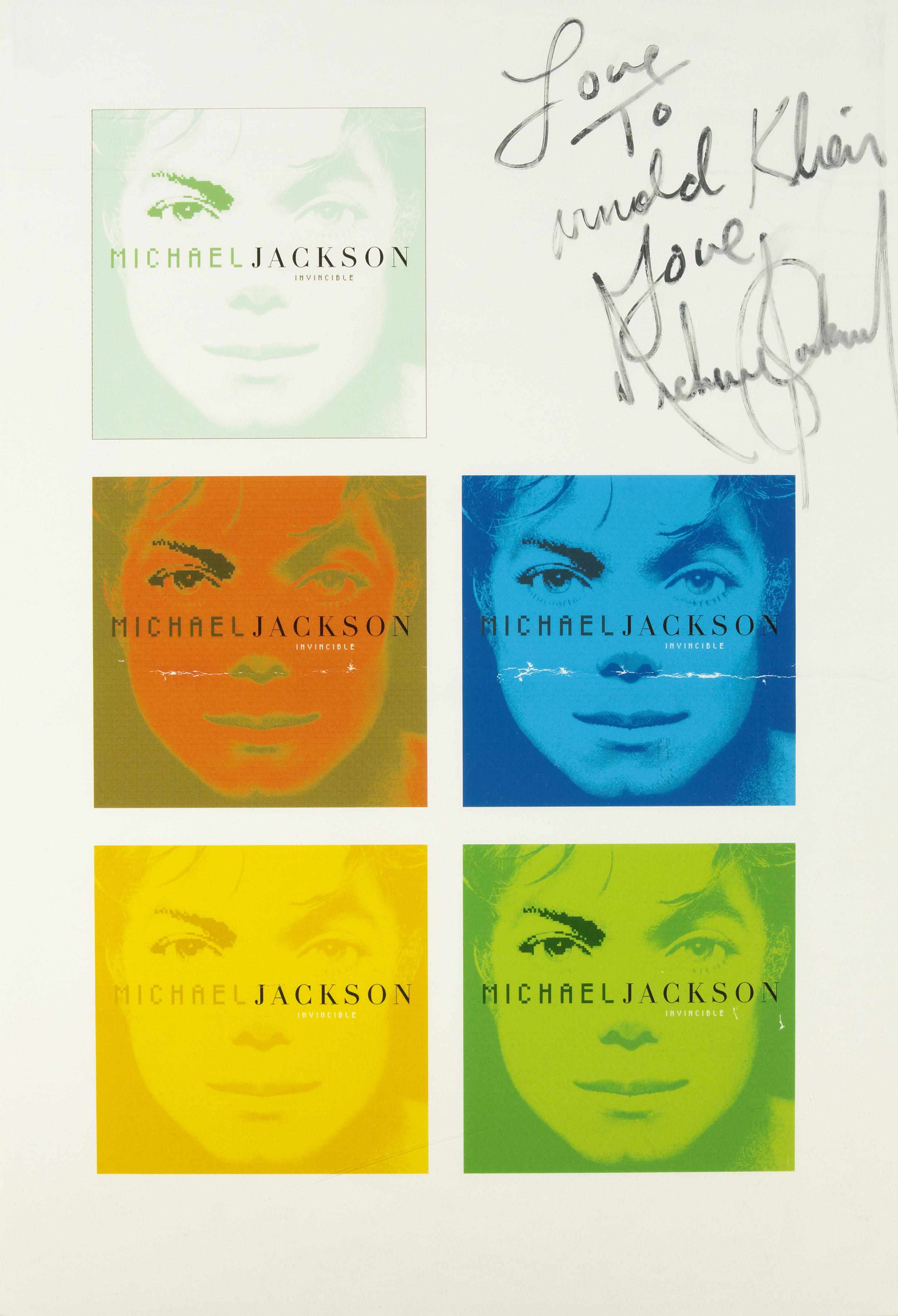 Appraisal: Michael Jackson inscribed and signed Invincible poster Five differently colored