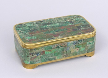 Appraisal: A Los Castillo Hard-Stone Inlay Brass Box A rectangular brass