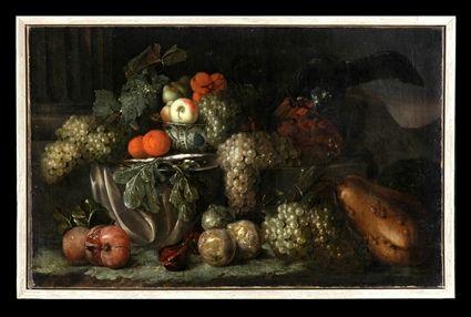 Appraisal: EUROPEAN SCHOOL STILL LIFE WITH FRUIT AND PARROT Oil on