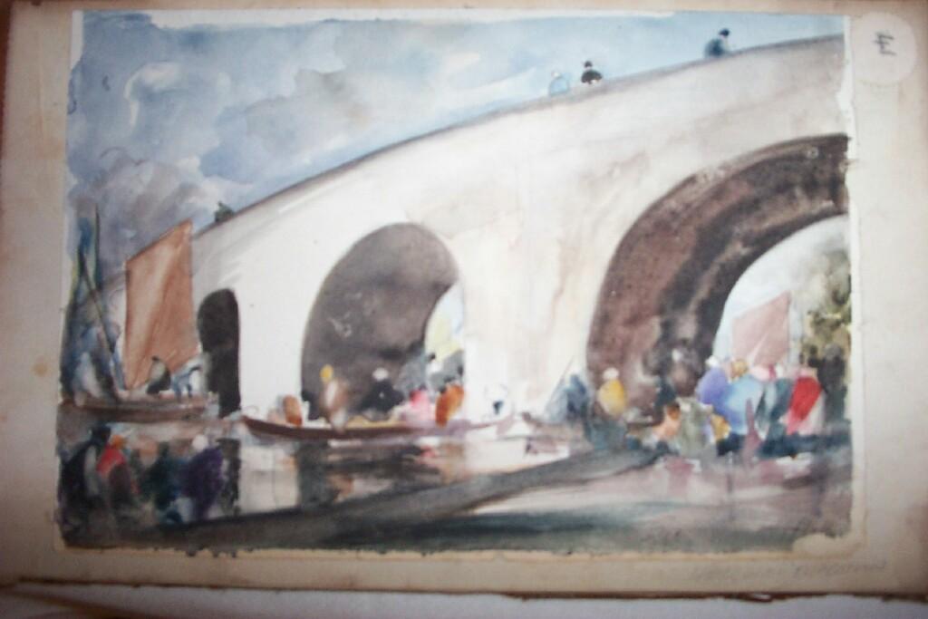 Appraisal: A watercolour study of a crowded river scene beneath a