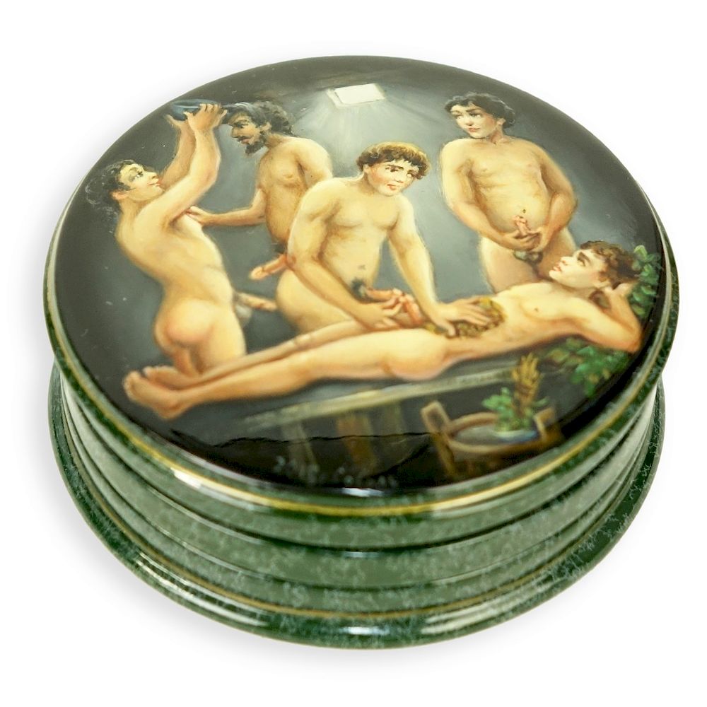 Appraisal: Russian Lacquered Three Part Box with Erotic Scene Russian Lacquered