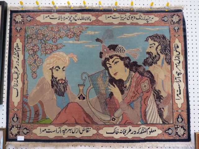 Appraisal: Persian Silk Pictorial Rug lady playing music two men listening