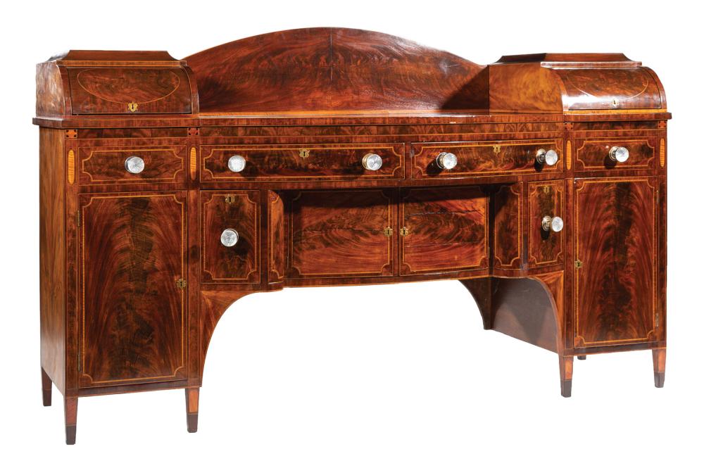 Appraisal: American Federal Inlaid Mahogany Sideboard possibly Southern arched backsplash flanked