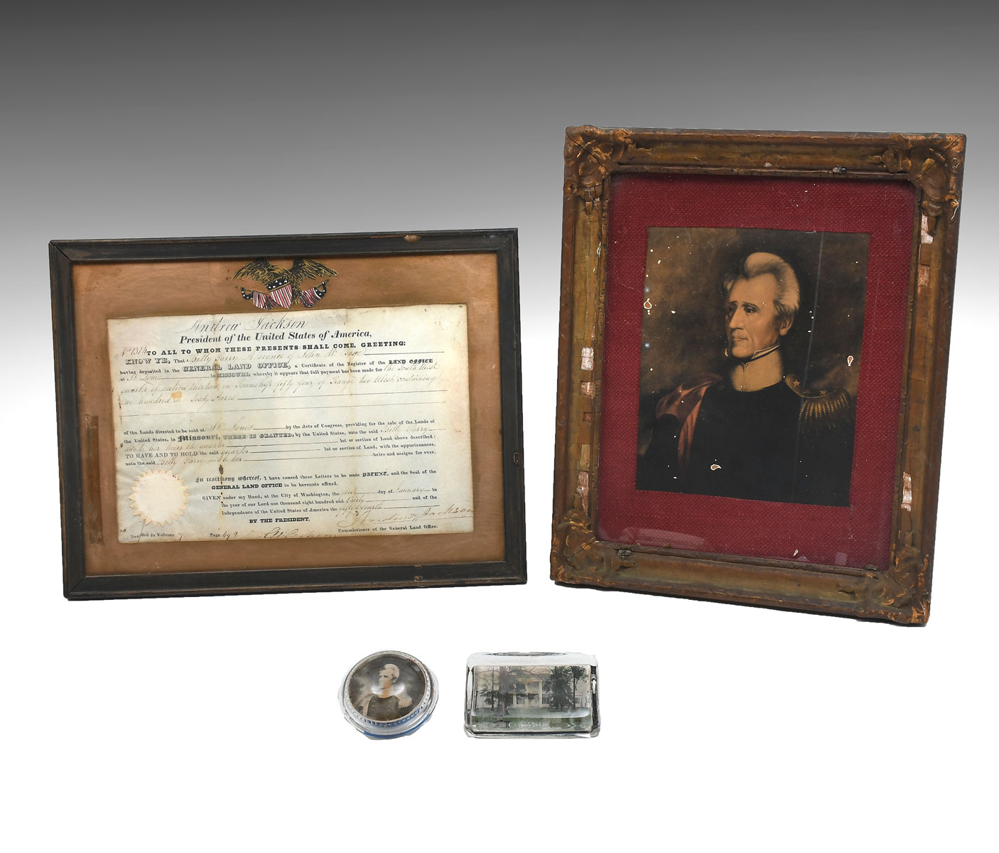 Appraisal: ANDREW JACKSON SIGNED LAND GRANT MEMORABILIA Comprising - Framed land