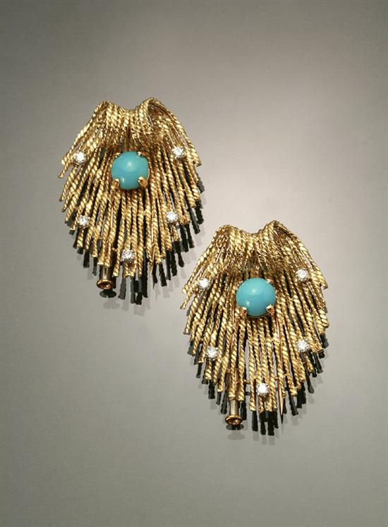 Appraisal: Pair of French -Karat Yellow-Gold Turquoise and Diamond Leaf Clips