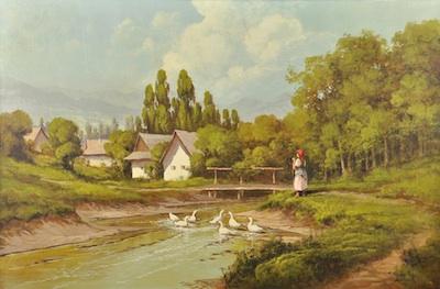 Appraisal: Gyula T Fulop Hungarian th Century Farm landscape with ducks