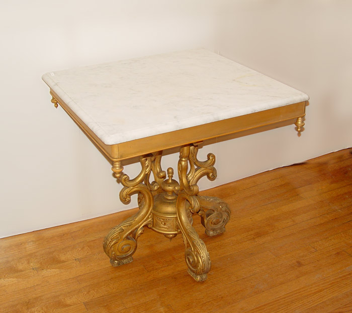 Appraisal: MARBLE TOP SQUARE CENTER TABLE Measures '' high x ''