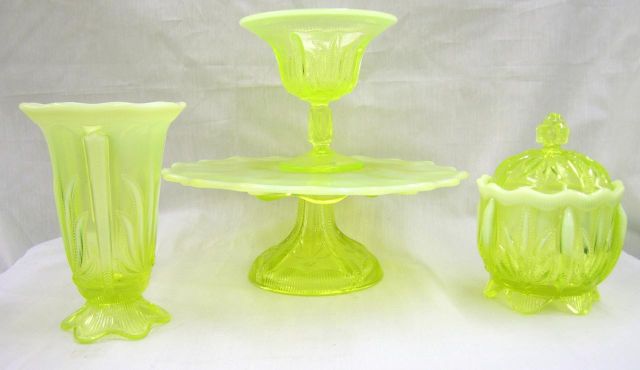 Appraisal: Four pieces of Cactus pattern Victorian opalescent Vaseline Glass including