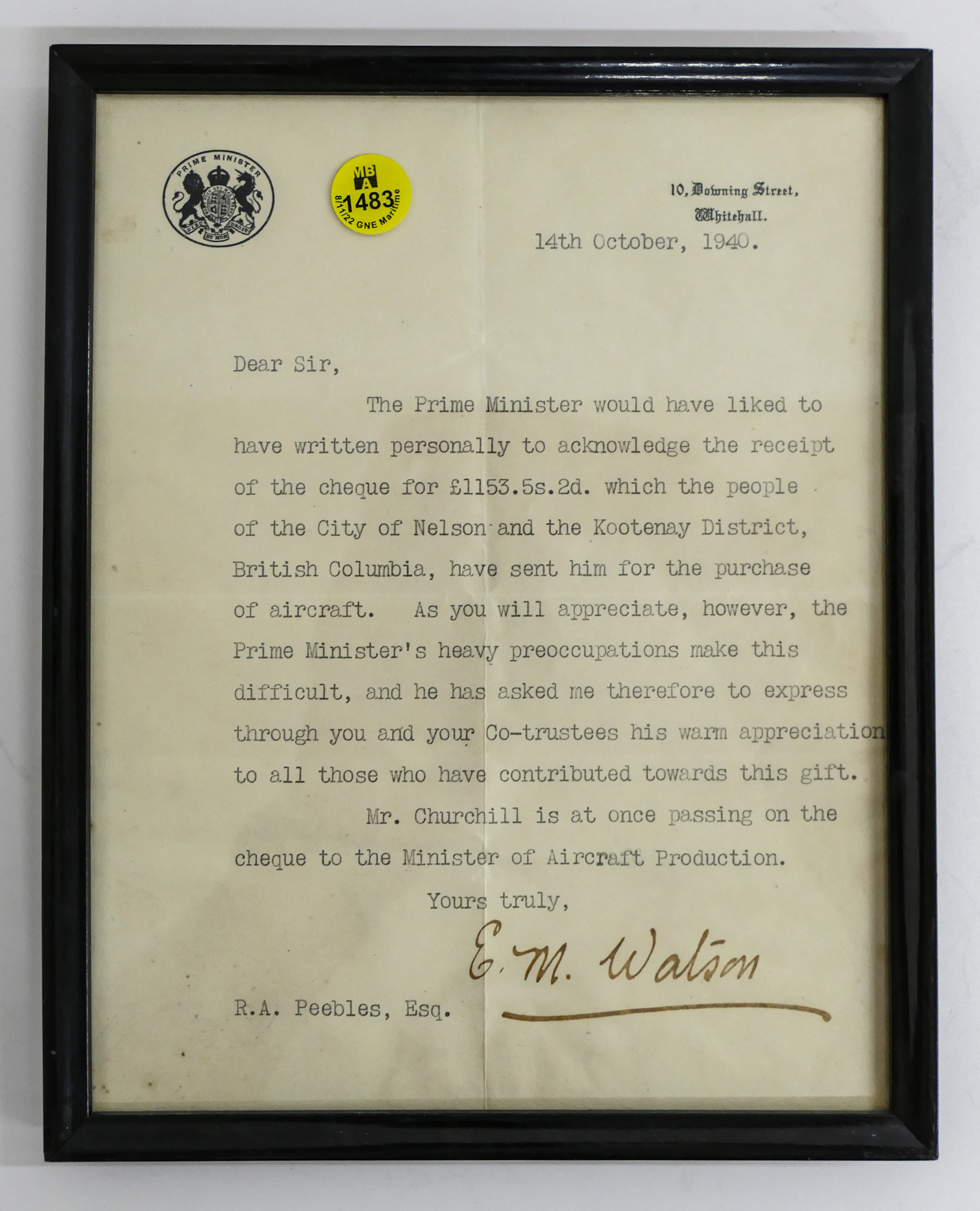 Appraisal: English Prime Minister Signed Letter Framed ''x ''