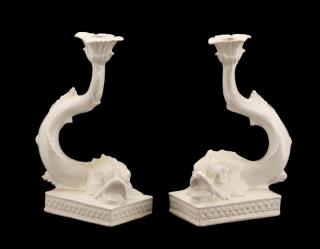 Appraisal: Pair Tiffany Blanc de Chine Dolphin Candlesticks Italian for Tiffany