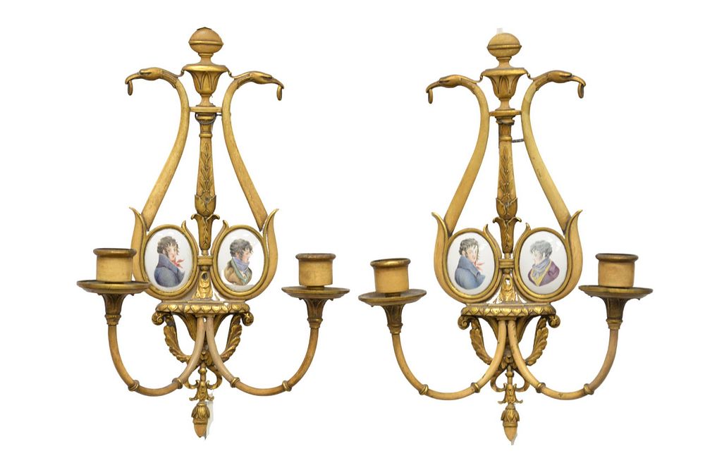 Appraisal: Pair Brass and Paint Decorated Candle Sconces each with oval