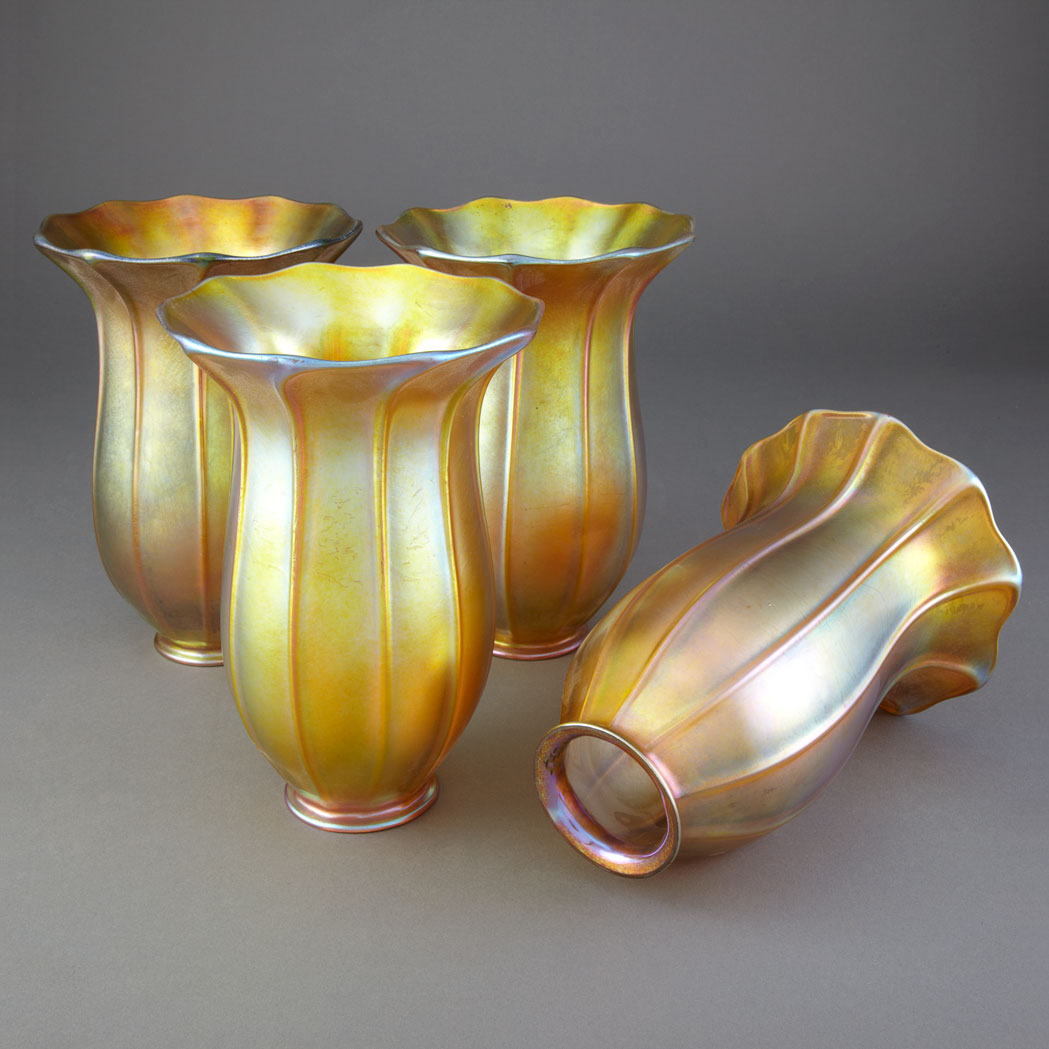 Appraisal: Set of Four Quezal Ribbed Glass Shades Circa Each of