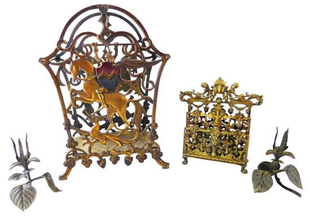 Appraisal: Four pieces of metalware including pair of flower candleholders bookstand