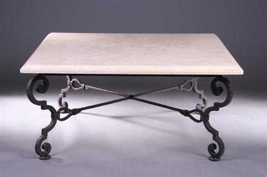 Appraisal: MODERN LIMESTONE AND WROUGHT IRON LOW TABLE Late th century