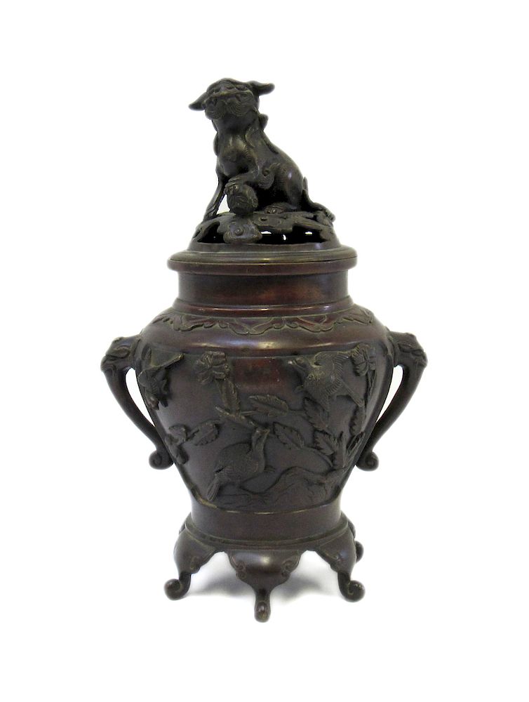 Appraisal: Meiji Bronze Censer Double handles of lion form flank panels