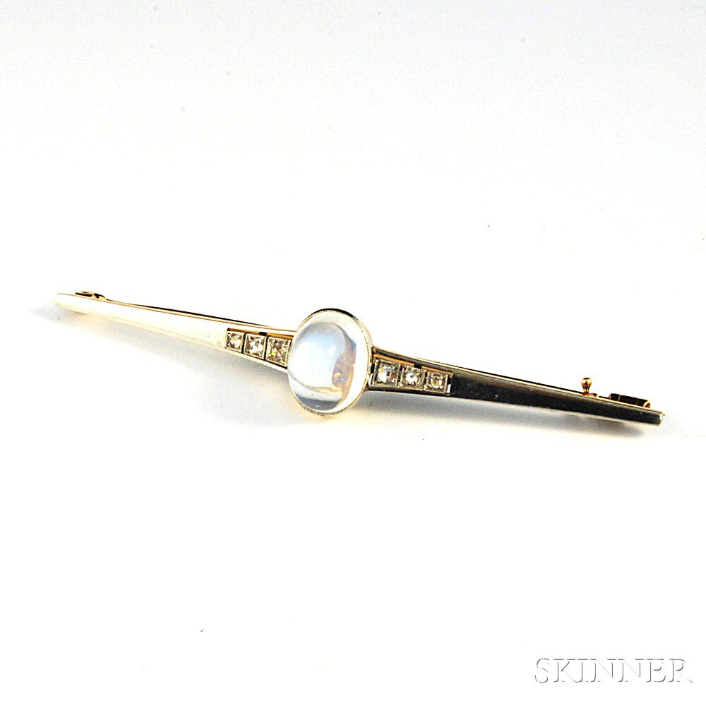 Appraisal: Moonstone and Diamond Bar Pin centered by an oval cabochon