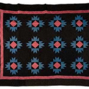 Appraisal: A Black Blue and Red Star-Pattern Pieced Cotton Quilt Late