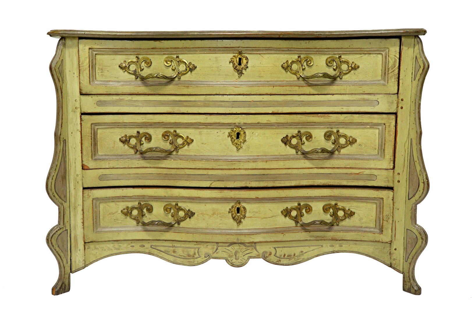 Appraisal: A th century French painted walnut serpentine three drawer commode