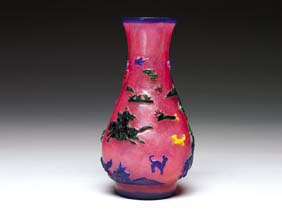 Appraisal: MULTI-COLOR OVERLAY GLASS VASE Chinese four-color carved overlay on translucent