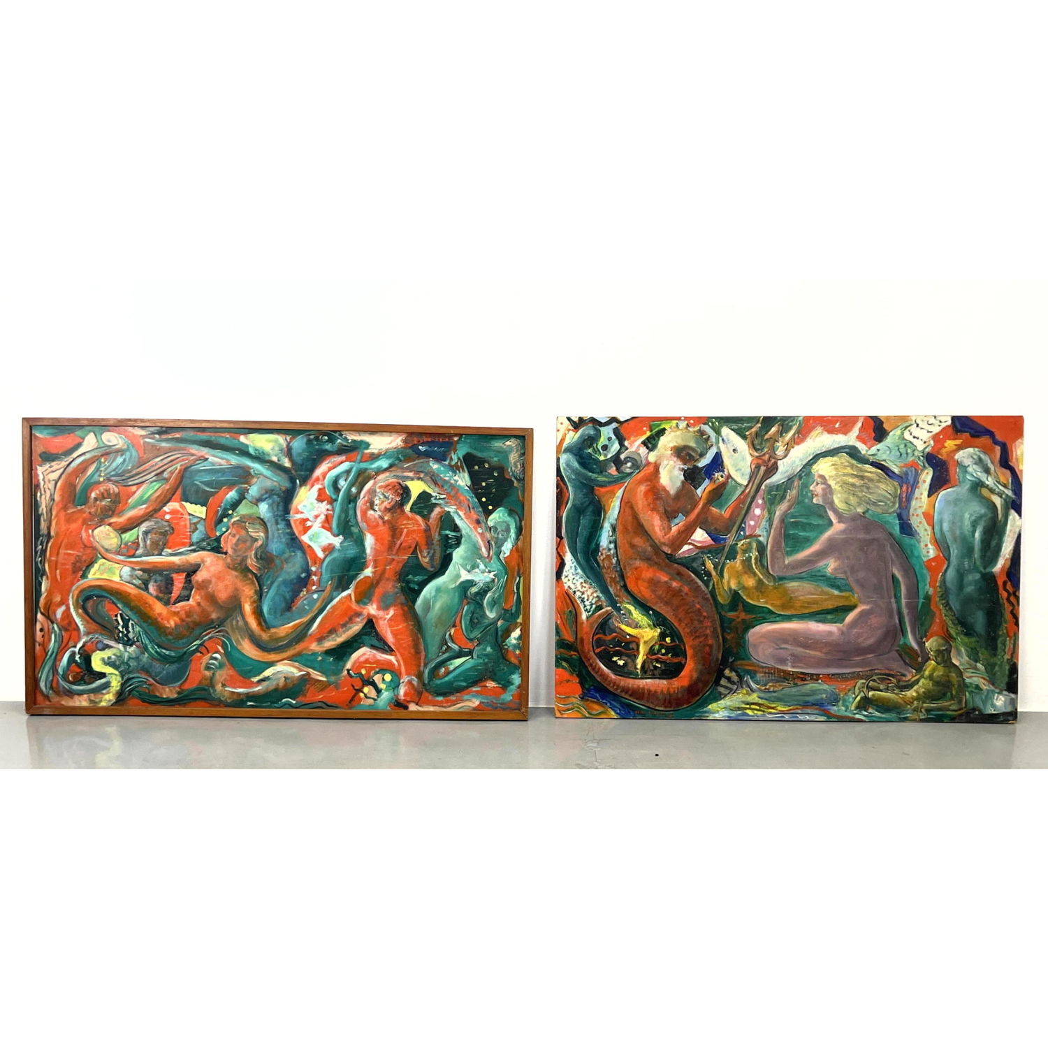 Appraisal: Pr JOHN TERKEN Mythical Sea Creature Paintings Neptune and Trident