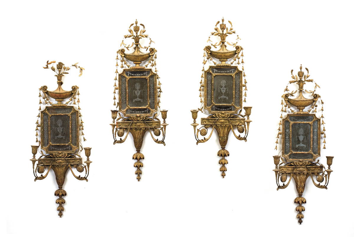 Appraisal: SET OF FOUR GEORGE III STYLE CARVED GILTWOOD AND ENGRAVED