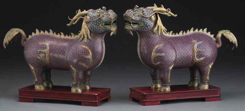 Appraisal: Pr Chinese Qing cloisonne Qilin raised on original rosewood stands