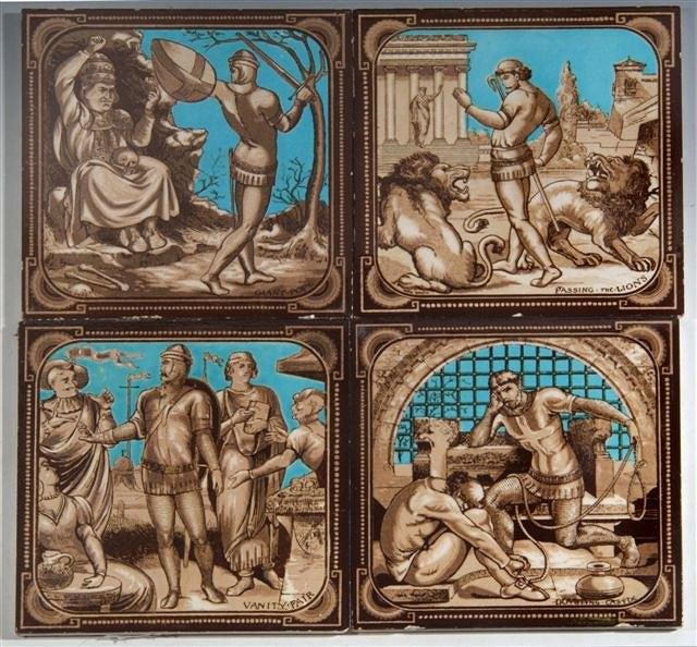 Appraisal: FOUR MINTON HOLLINS TILES brown and sky blue depicting scenes