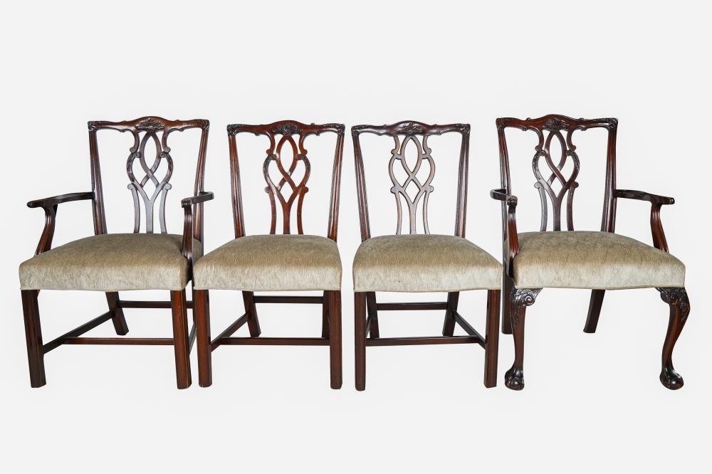 Appraisal: FOUR ASSORTED CHIPPENDALE-STYLE MAHOGANY DINING CHAIRScomprising two armchairs and two