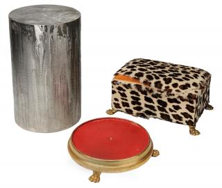 Appraisal: Three Assorted Decorative Items Footstool and Two Stands brushed metal