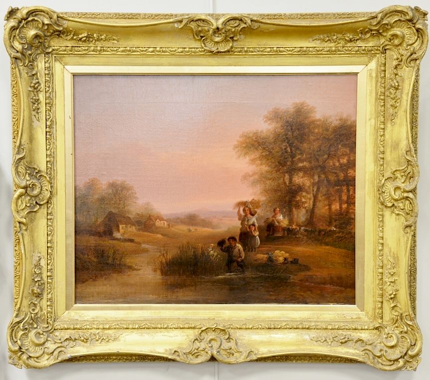 Appraisal: A Beattie oil on canvas Sunset Landscape farming family relined