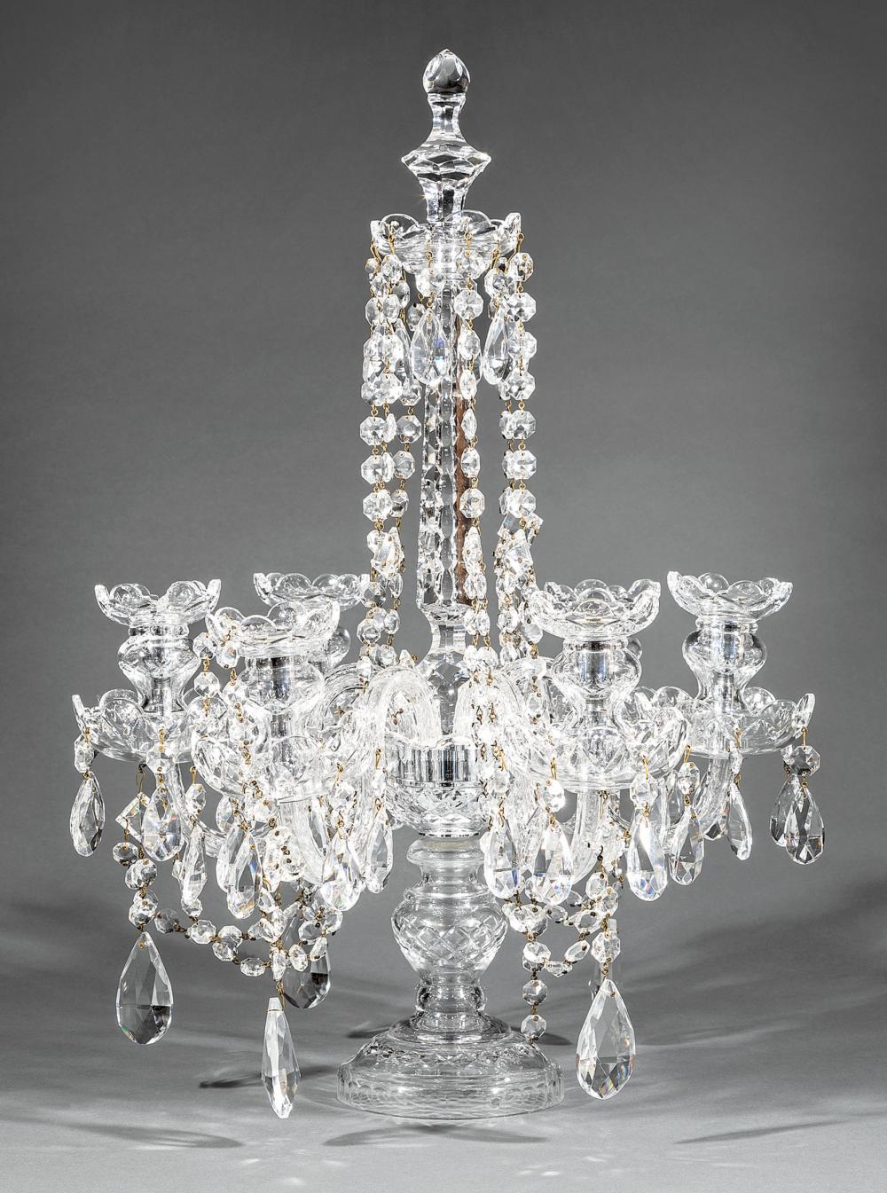 Appraisal: French Cut Crystal Six-Light Girandole hung with beads and pendeloque