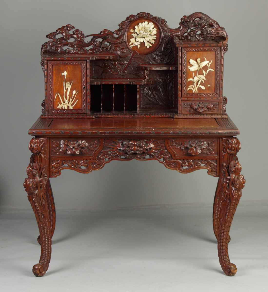 Appraisal: Carved Hardwood Oriental Desk With applied carved ivory decorations Together