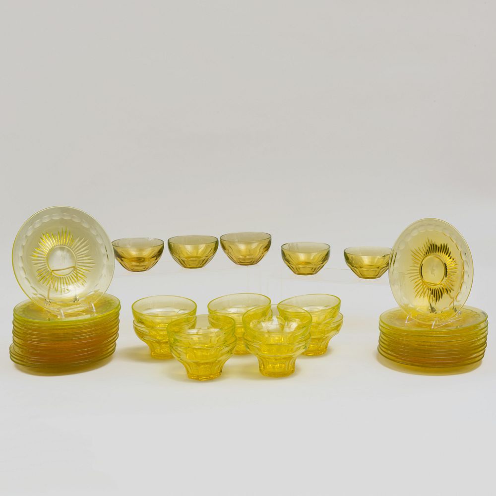 Appraisal: Assembled Amber Glass Part Service Comprising Twenty-four plates etched with