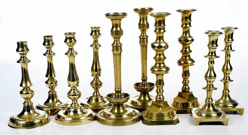 Appraisal: Five Pairs Brass Candlesticks British or American th th century