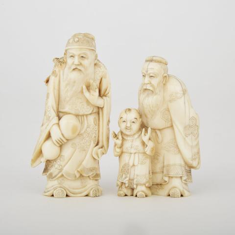 Appraisal: Two Carved Ivory Okimono Meiji Period Depicting an immortal holding