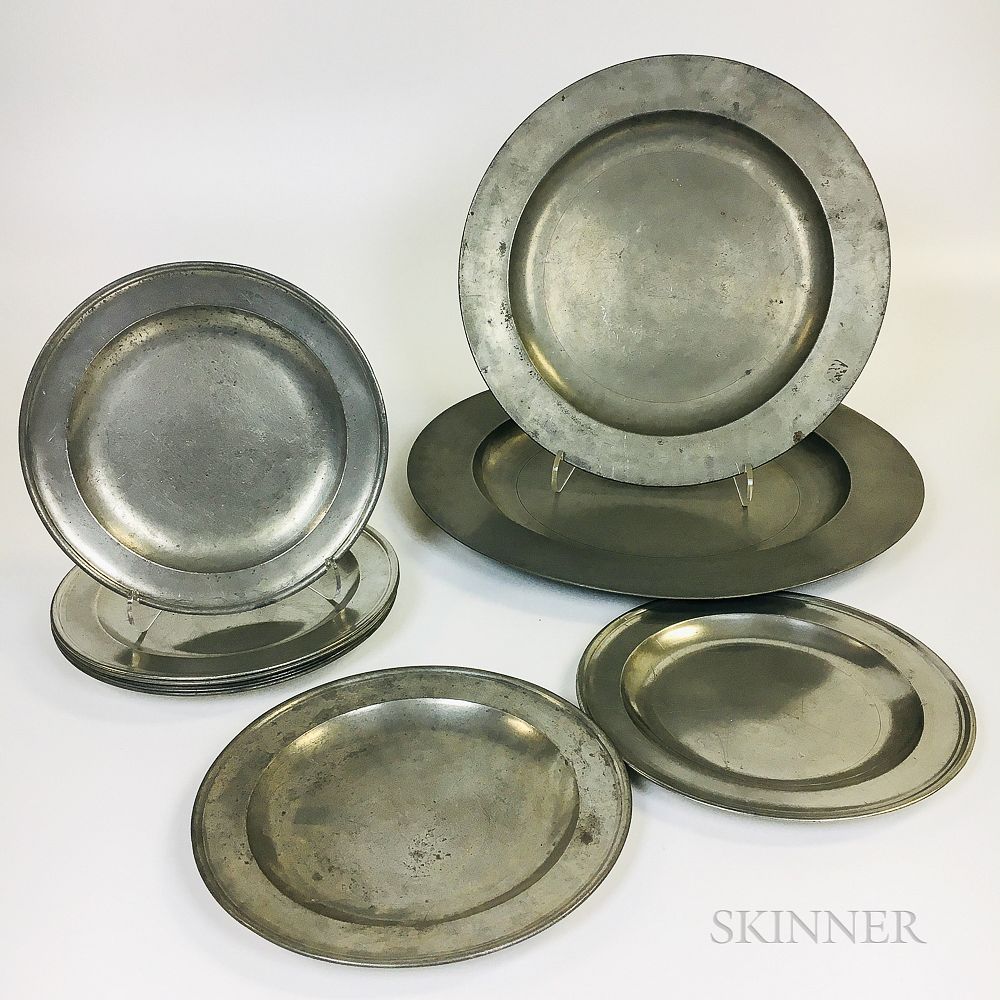 Appraisal: Ten English Pewter Plates and Chargers Ten English Pewter Plates