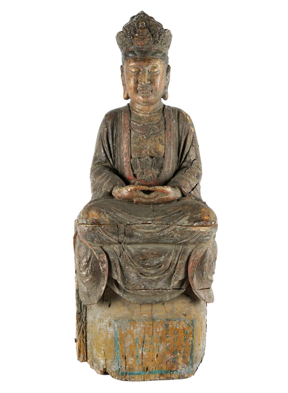 Appraisal: CHINESE SEATED BUDDHA FIGUREcarved and polychromed wood inches wide inches