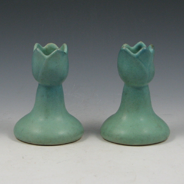 Appraisal: Pair of Van Briggle tulip candleholders in Ming Turquoise Marked