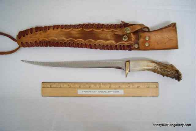 Appraisal: Custom Stag Horn '' Fillet Knife w Sheath SignedFrom an