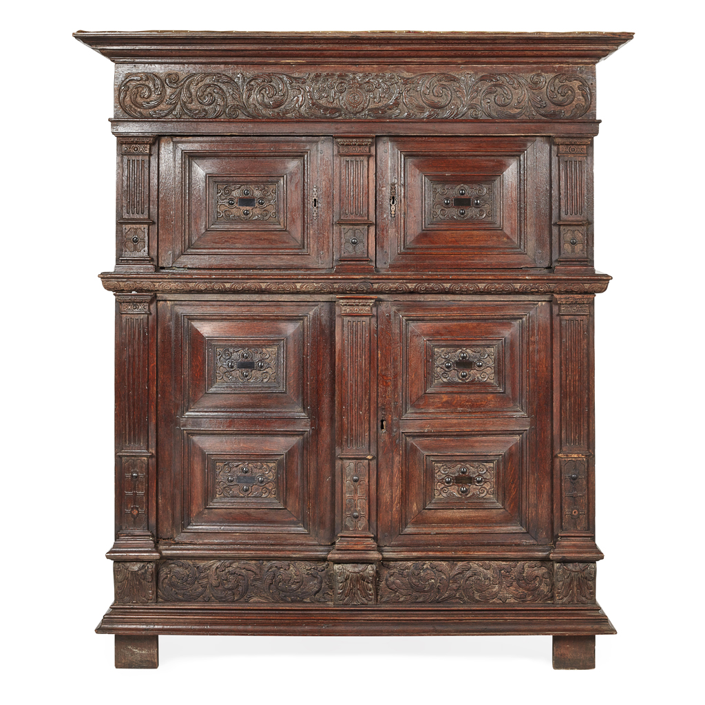 Appraisal: FLEMISH OAK AND EBONY CUPBOARD TH CENTURY the projecting cornice