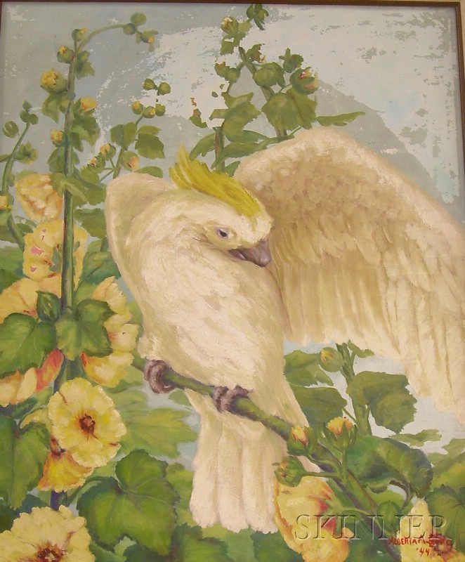 Appraisal: Framed Oil on Canvas View of a Perched Sulphur-Crested Cockatoo