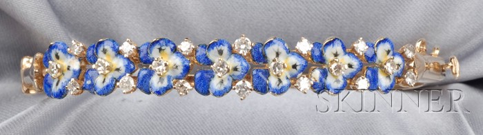 Appraisal: kt Gold Enamel and Diamond Pansy Bangle Bracelet the enamel