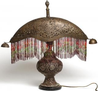 Appraisal: Indian Openwork Beaded Brass Lamp The vasiform body atop a