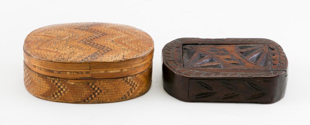 Appraisal: TWO SNUFF BOXES TH CENTURYTWO SNUFF BOXES th Century Chip-carved