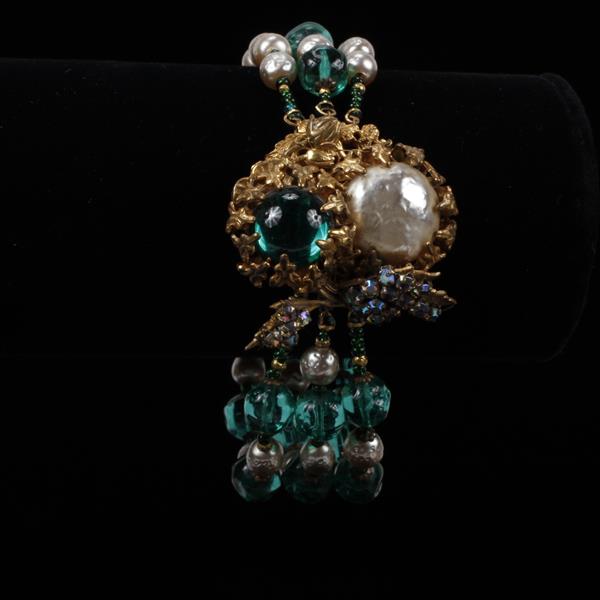 Appraisal: Miriam Haskell Faux Pearl Green Glass Beaded Bracelet with Clear