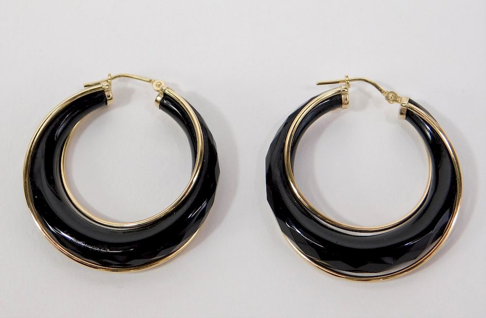 Appraisal: PR K Gold Black Glass Lady's Fashion Earrings China Contemporary