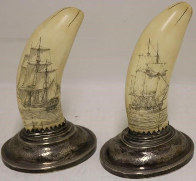 Appraisal: SCRIMSHAW WHALE TEETH MOUNTED ON SCOTTISHSILVER BASES DATED BY J