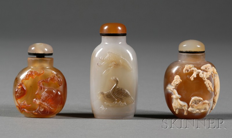 Appraisal: Three Shadow Agate Snuff Bottles carving of geese a pair