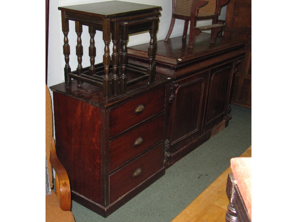 Appraisal: Victorian mahogany cupboard base three drawer chest and an oak