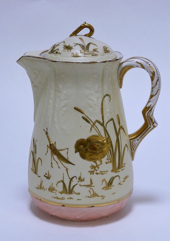 Appraisal: Lotus Ware Gilt Porcelain Chicks Crickets Pitcher United States Early